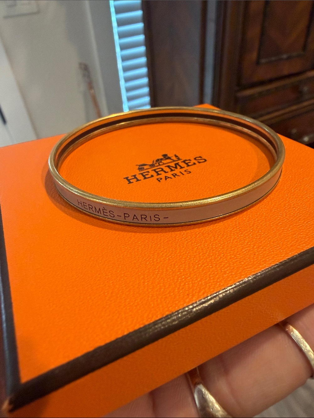 Hermès Uni Gold and Beige Enamel Bangle Bracelet